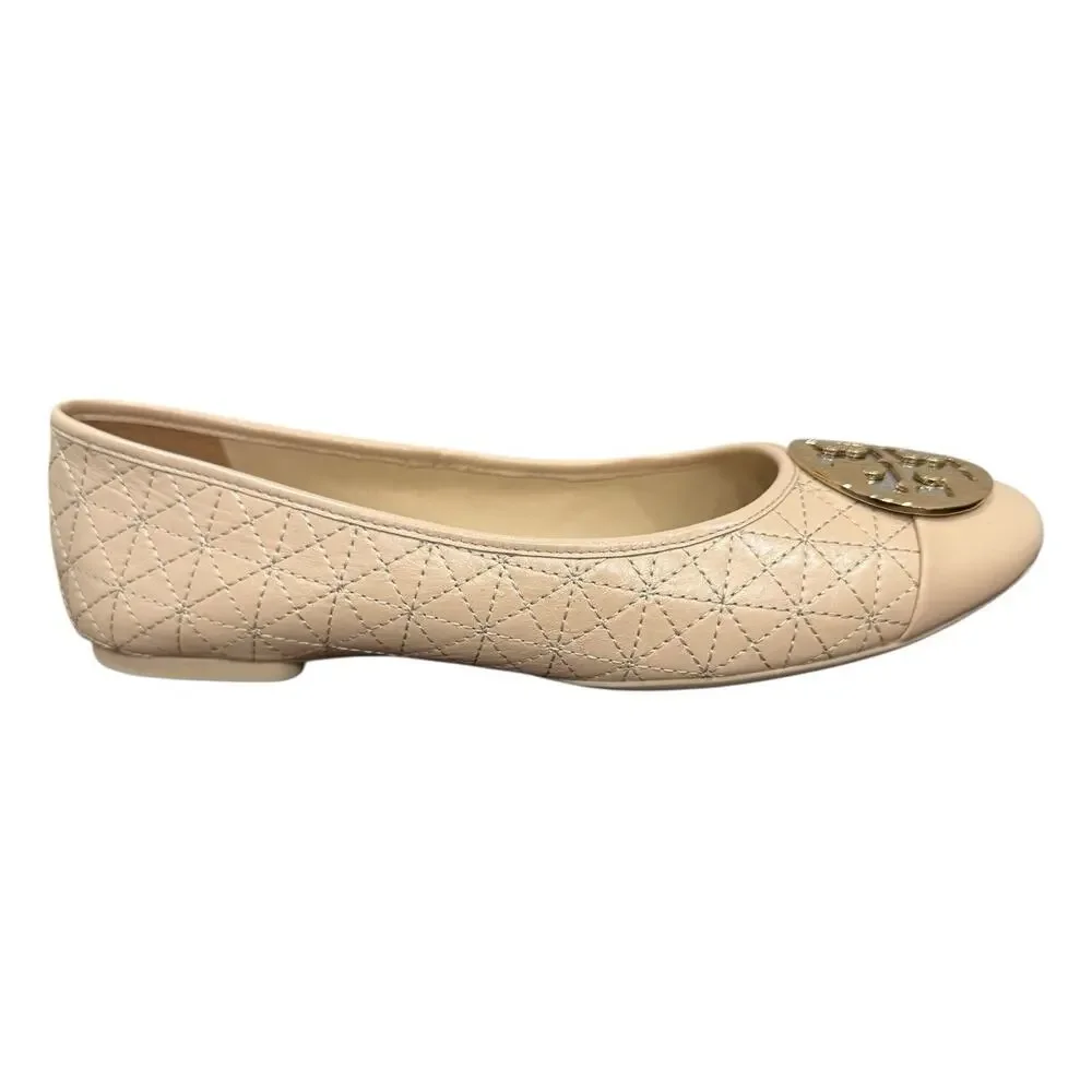 Tory Burch Claire Quilted Ballet Flats Beige Cap Toe Leather Size 8.5 Pristine